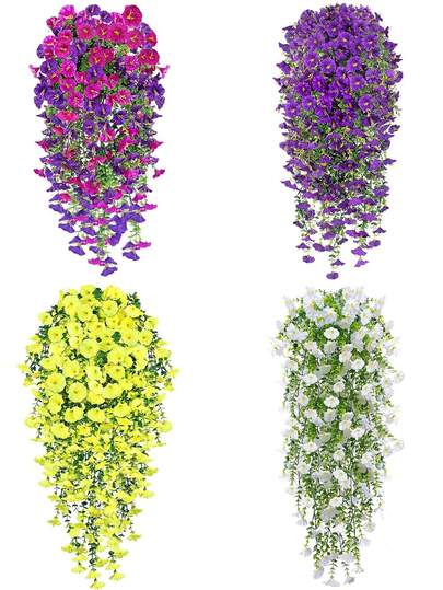 1株仿真悬挂花卉植物，适合春、夏、秋、冬四季户外装饰，抗紫外线，丝质逼真，仿牵牛花藤蔓，适用于家居、门廊、露台、阳台、墙面装饰等。