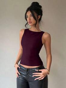 Blusa sin mangas con cuello redondo y lazo en la espalda, para uso casual y de oficina - Burdeos - Ver 3