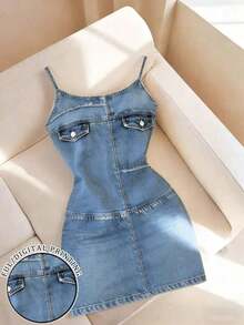 Nuevo Vestido mini ajustado de mujer de ajuste regular con estampado de efecto denim - Multicolor - Ver 7