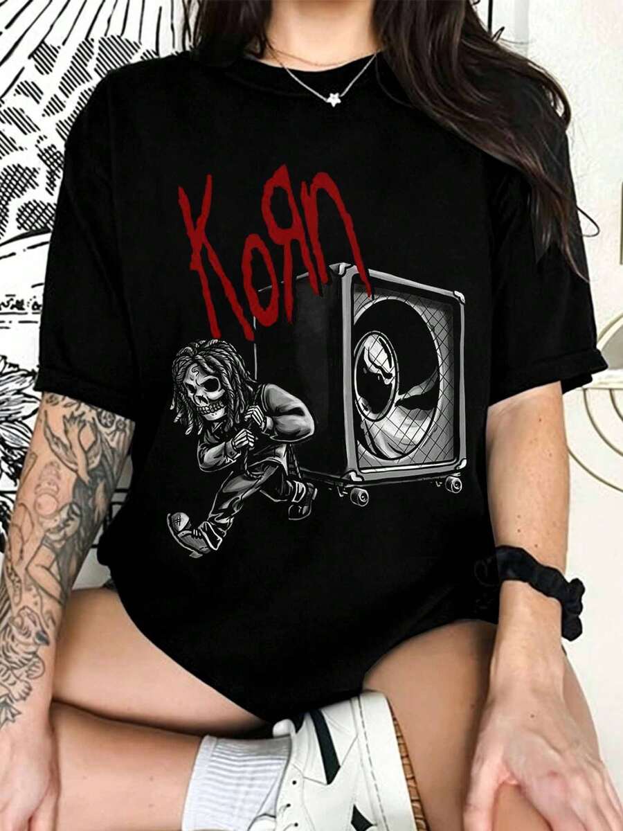 Korn Band Skeleton Amp Vintage Nu Metal T-Shirt - Black - View 1