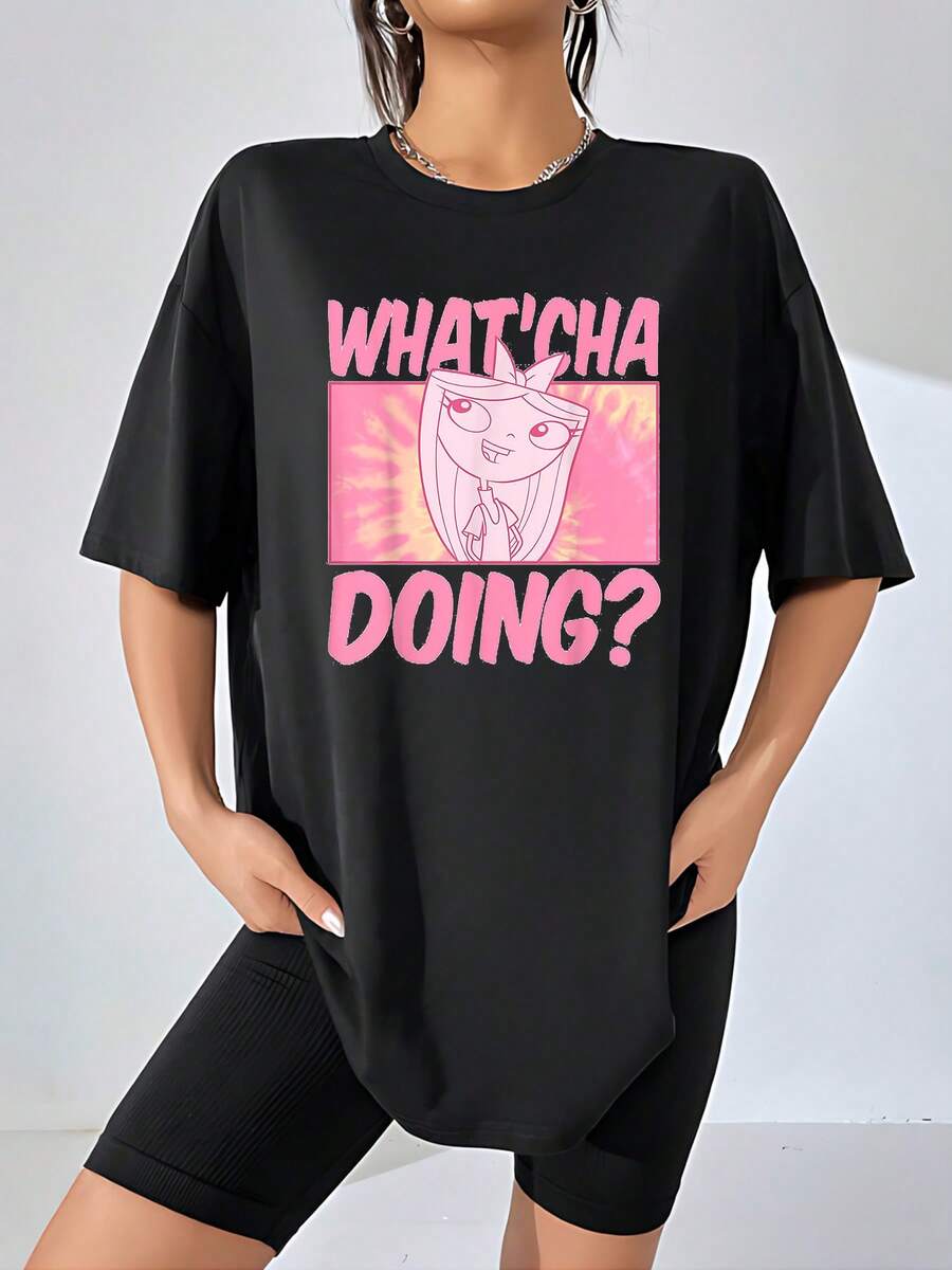 Fun Illustration Of A Cartoon Girl In Pink Tones With A Curious Expression And An English Phrase That Conveys Positive Energy And A Youthful Touch. Comfortable And Modern Women's T-Shirt For Everyday Use - 黑色 - 查看 1