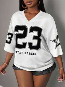Camiseta de mujer con gráfico de letras y números, de estilo minimalista y casual, adecuada para el verano - Blanco - Ver 7