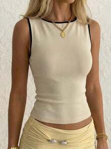 Blusa sin espalda y sin mangas con cuello redondo y lazo para el uso diario y viajes de la mujer - Albaricoque - Ver 12