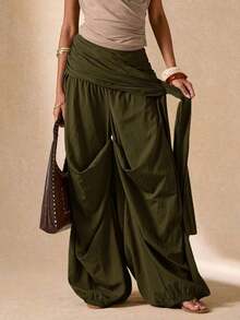 Pantalones sueltos y plisados de unicolor para uso diario de mujer - Verde militar - Ver 7