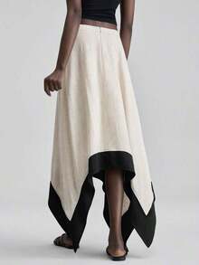 Ontre 2026 Falda asimétrica de mujer para primavera/verano, tela de lino suave a la piel, con ribete de color contrastante, atuendo elegante y moderno para invitada de boda, con sensación de lujo romántico minimalista francés, estilo urbano chic de oficina casual, estilo vintage de alta gama discreto, atuendo de alta calidad para aeropuerto/crucero, esencial para festival de Oriente Medio, tela premium versátil para todas las estaciones, falda de mujer para boda, uso en vacaciones/playa/oficina - Blanco y Negro - Ver 8