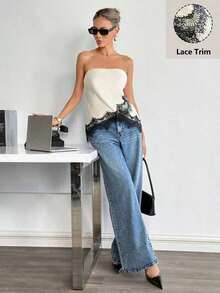 Top bandeau con encaje satinado mate - Albaricoque - Ver 5