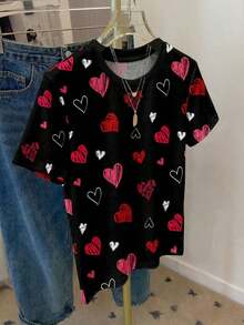 Camiseta holgada de manga corta con cuello redondo y gráfico de corazón minimalista casual para mujer, adecuada para primavera/verano, Día de San Valentín, Carnaval - Camiseta gráfica linda con diseño de corazón, casual - Multicolor 2 - Ver 5