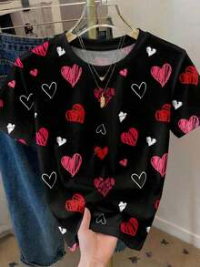 Camiseta holgada de manga corta con cuello redondo y gráfico de corazón minimalista casual para mujer, adecuada para primavera/verano, Día de San Valentín, Carnaval - Camiseta gráfica linda con diseño de corazón, casual - Multicolor 2 - Ver 8