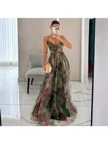 Dresses For WomenSpring And Summer New Mesh Printing Suspender Dress Vacation Casual Party DressLoose And Comfortablevestidos De Mujer - 綠色 - 查看 2