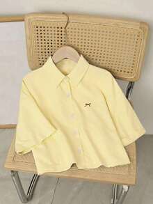 ElCamisa de manga corta holgada con bordado de mariposa a rayas azules para mujer, corta - Amarillo - Ver 3