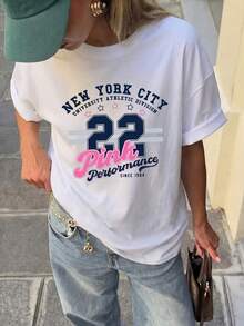 Casual camiseta blanca redonda cuello de manga corta para mujeres con impresión de la ciudad de nueva York S6FK - Blanco - Ver 3