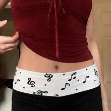 Music Note Print Y2K Summer Music Festival Bottoms, Music Note Print Fold Waist Super Low Waist Super Short Black Mini Shorts - Gris Claro - Ver 5