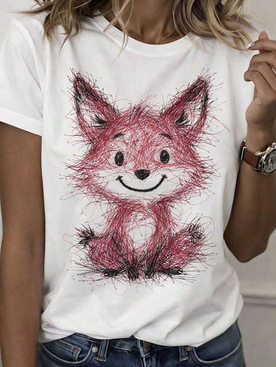 Una camiseta de mujer, informal, de manga corta y cuello redondo, lavada a máquina. - Blanco - Ver 1