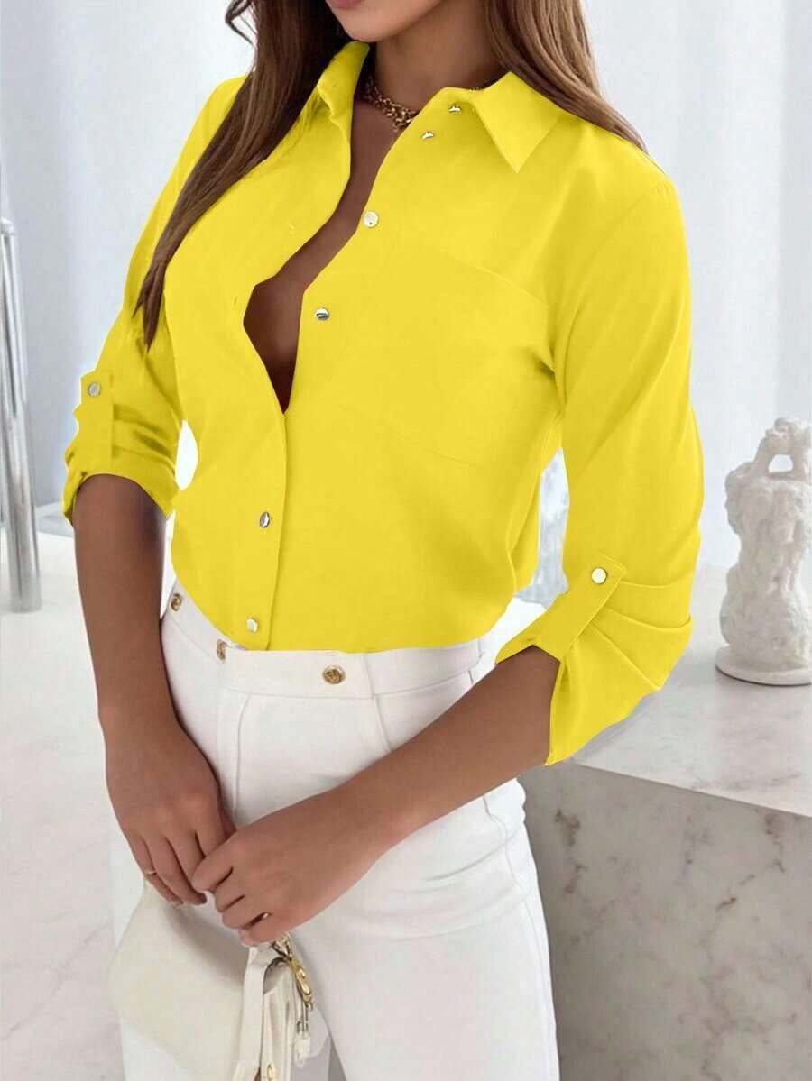 Camisa de mujer de manga larga de unicolor casual con puño - Amarillo - Ver 1
