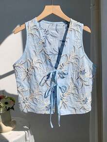 2026 Nuevo Top sin mangas con cuello en V, lazo delantero y bordado floral para mujer, ideal para vacaciones en la playa, uso casual, estilo Y2K de los 2000, primavera, graduación, fiesta de boda, vacaciones elegantes, San Valentín, carnaval, - Amarillo - Ver 4