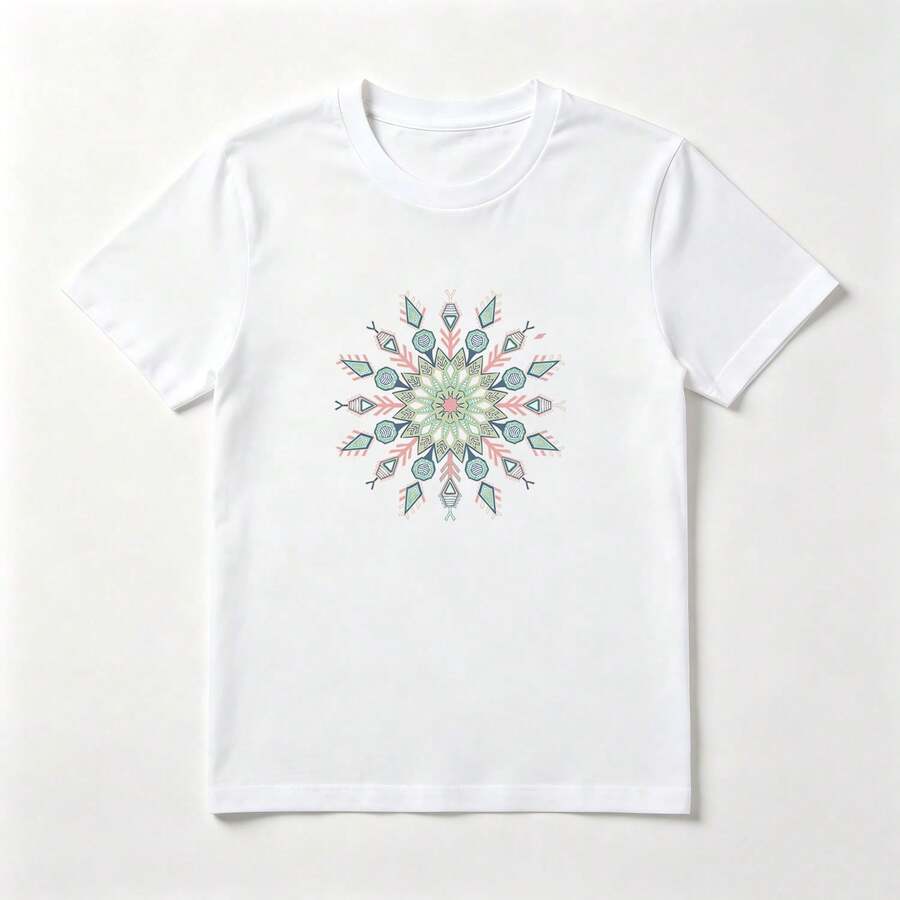 Camiseta Algodón Estampado Mandala Multicolor - Diseño Geométrico Relajante - Blanco - Ver 1
