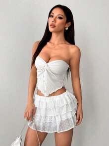 Top tubo de punto de textura amarillo ganso para mujer con abertura anudada en el medio delantero y borde ondulado, ajuste ceñido, para uso en fiestas, vacaciones y otoño/invierno - Blanco - Ver 5