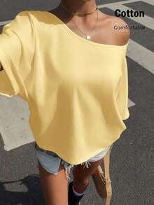 Camiseta de manga corta holgada con estampado todo sobre hombros descubiertos de estilo minimalista casual para mujer, estampado a rayas retro americano, camiseta de hombros abiertos, ropa urbana para mujer - amarillo ganso - Ver 8