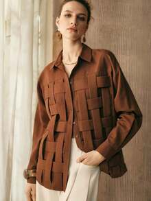 Camisa de mujer de tejido liso de punto a mano con hombros rectos, mangas largas, abertura media, diseño de estructura de punto a mano, uso casual, camisa marrón para verano y primavera - Óxido marrón - Ver 1
