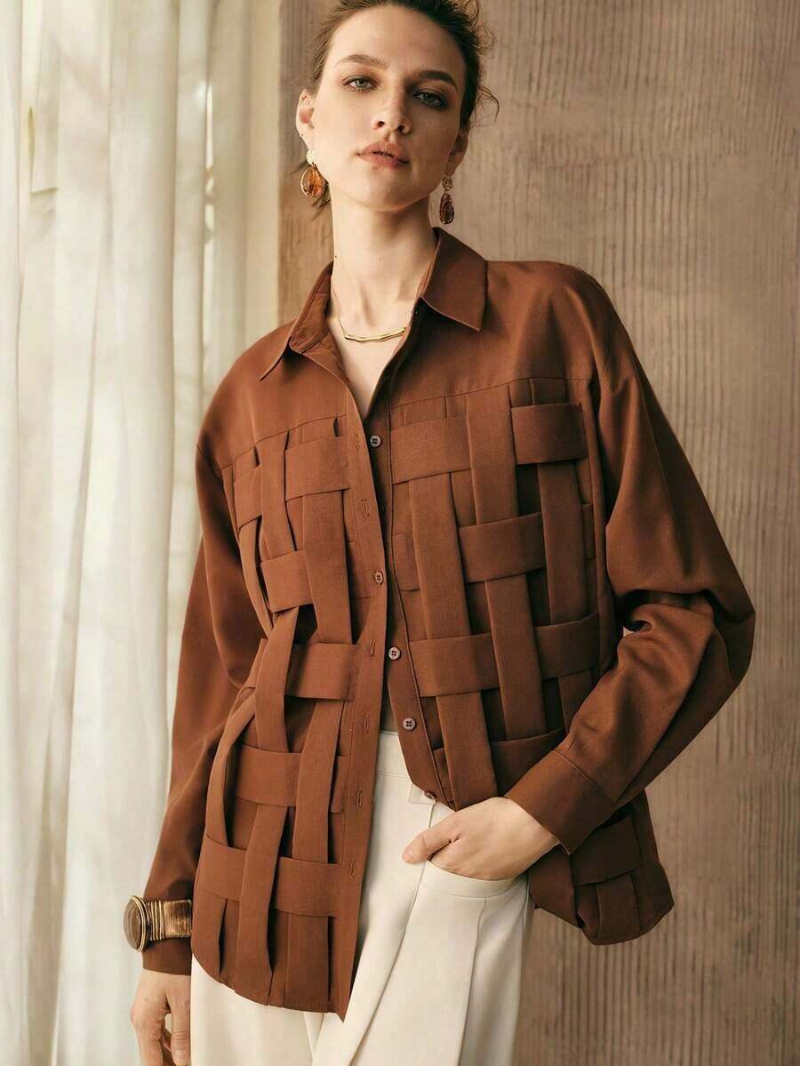 Camisa de mujer de tejido liso de punto a mano con hombros rectos, mangas largas, abertura media, diseño de estructura de punto a mano, uso casual, camisa marrón para verano y primavera - Óxido marrón - Ver 1