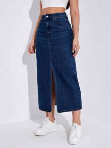 Falda vaquera larga casual con bolsillos y abertura lateral para mujer - Azul lavado oscuro - Ver 4