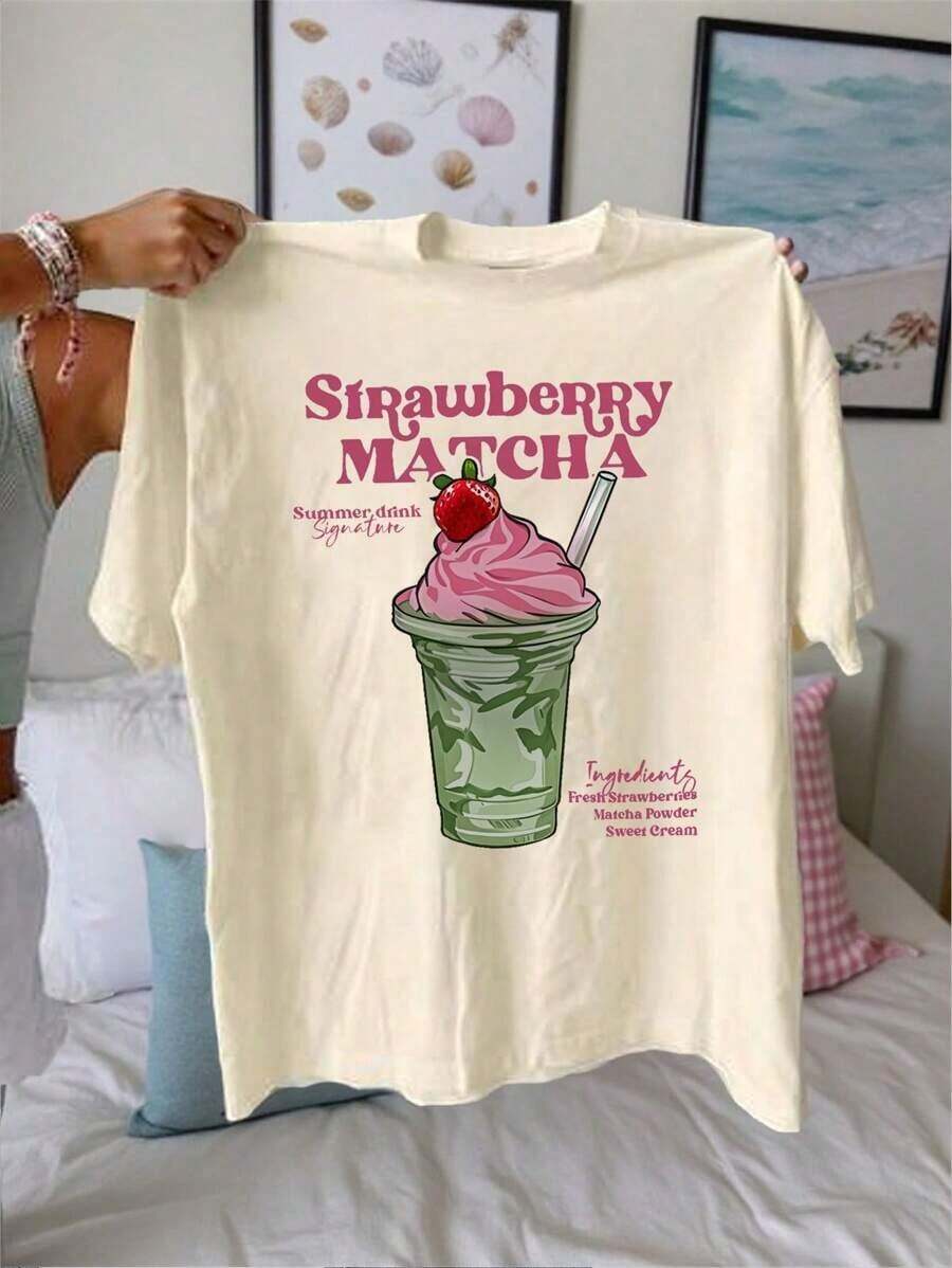 1pscCamiseta de mujer de cuello redondo con estampado de bebida de fresa matcha - Camiseta casual de cuello redondo - Camiseta ligera adecuada para todas las estaciones100%cotton100% Cotton100% Cotton100% Cotton - Albaricoque - Ver 1