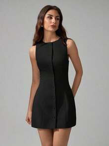 Tall Vestido mini elegante de unicolor con cuello redondo y sin mangas para mujer - Negro - Ver 6
