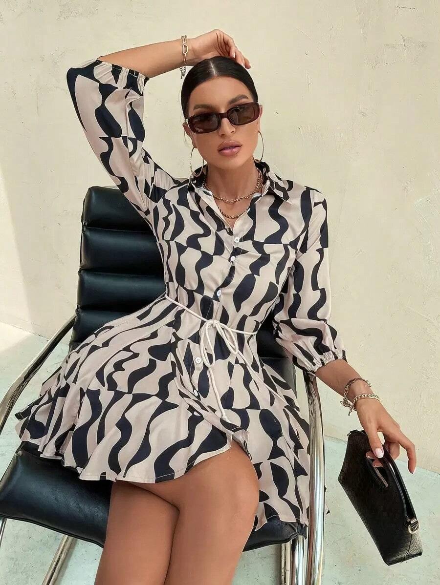 GENKIRA Vestido camisero con estampado todo sobre y cinturón, atuendos de trabajo y vacaciones para mujer - Multicolor - Ver 1