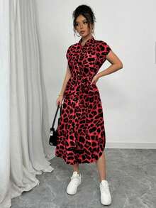 Vestido largo de manga corta para verano 2025, nuevo, con bolsillo, abertura lateral, cinturón y lazo, estampado de leopardo, para uso casual y de viaje - Rojo - Ver 6