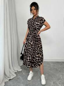 Vestido largo de manga corta para verano 2025, nuevo, con bolsillo, abertura lateral, cinturón y lazo, estampado de leopardo, para uso casual y de viaje - Café integral - Ver 6