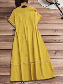 Vestido casual holgado de unicolor con cuello en V y mangas cortas para mujer de talla grande - Amarillo - Ver 3