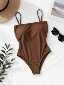 Women's Bodysuit With Thin Straps, Straight Neckline, Spandex Fabric With Padded Cups. Perfect For Parties, Christmas, New Year's, Birthdays, Day/Night, Casual, Versatile, And Suitable For Summer And Hot Weather. - 鏽棕色 - 查看 1