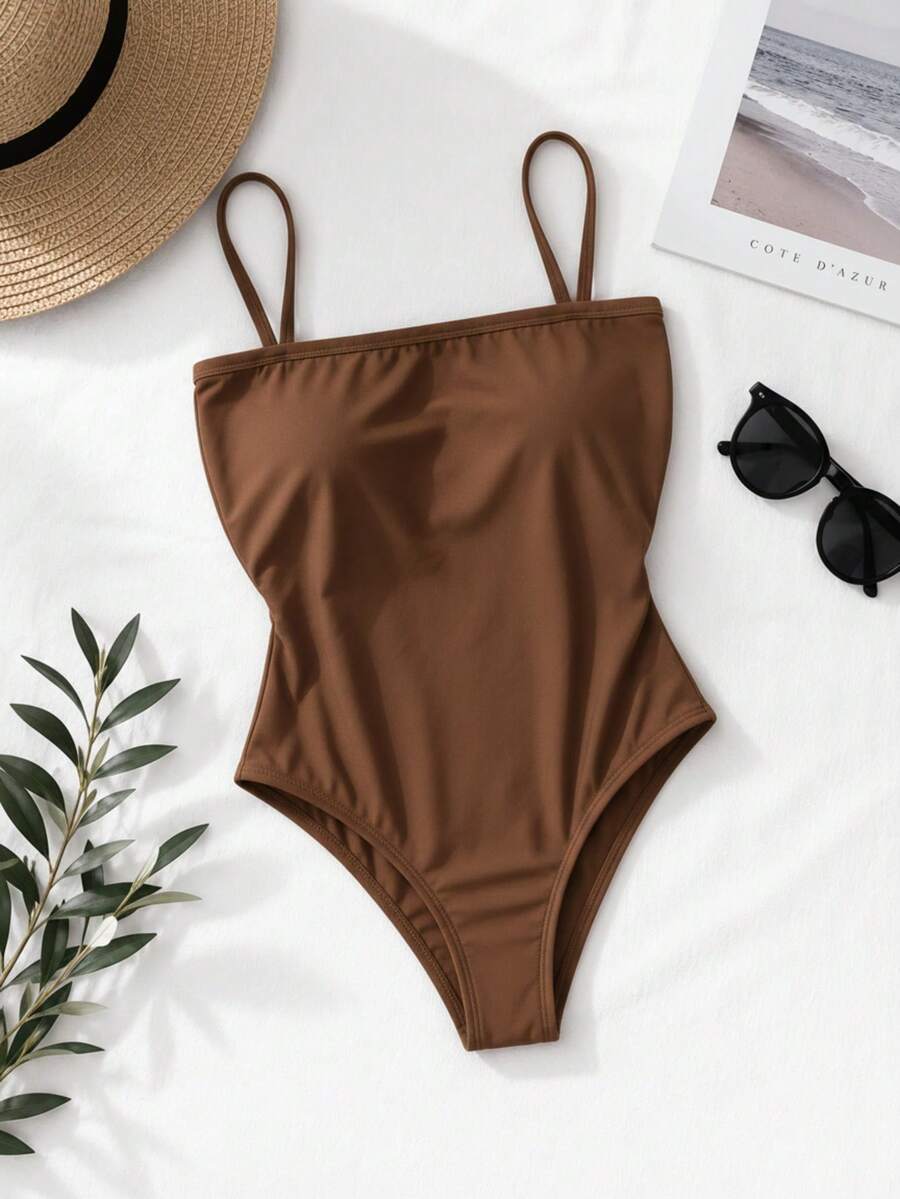 Women's Bodysuit With Thin Straps, Straight Neckline, Spandex Fabric With Padded Cups. Perfect For Parties, Christmas, New Year's, Birthdays, Day/Night, Casual, Versatile, And Suitable For Summer And Hot Weather. - 鏽棕色 - 查看 1