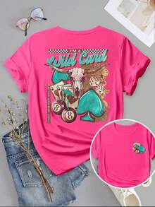 Women's Casual Summer Vacation Short Sleeve T-Shirt, Fashionable Western Retro Style With Letter Print, Hearts, Sheep Head And Cherries, Round Neck. Loose, Casual And Versatile T-Shirt, Y2k Style. - 白色 - 查看 1