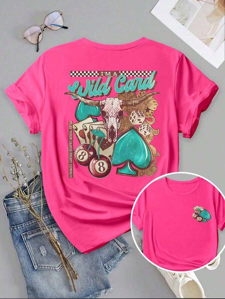 Women's Casual Summer Vacation Short Sleeve T-Shirt, Fashionable Western Retro Style With Letter Print, Hearts, Sheep Head And Cherries, Round Neck. Loose, Casual And Versatile T-Shirt, Y2k Style. - 白色 - 查看 1