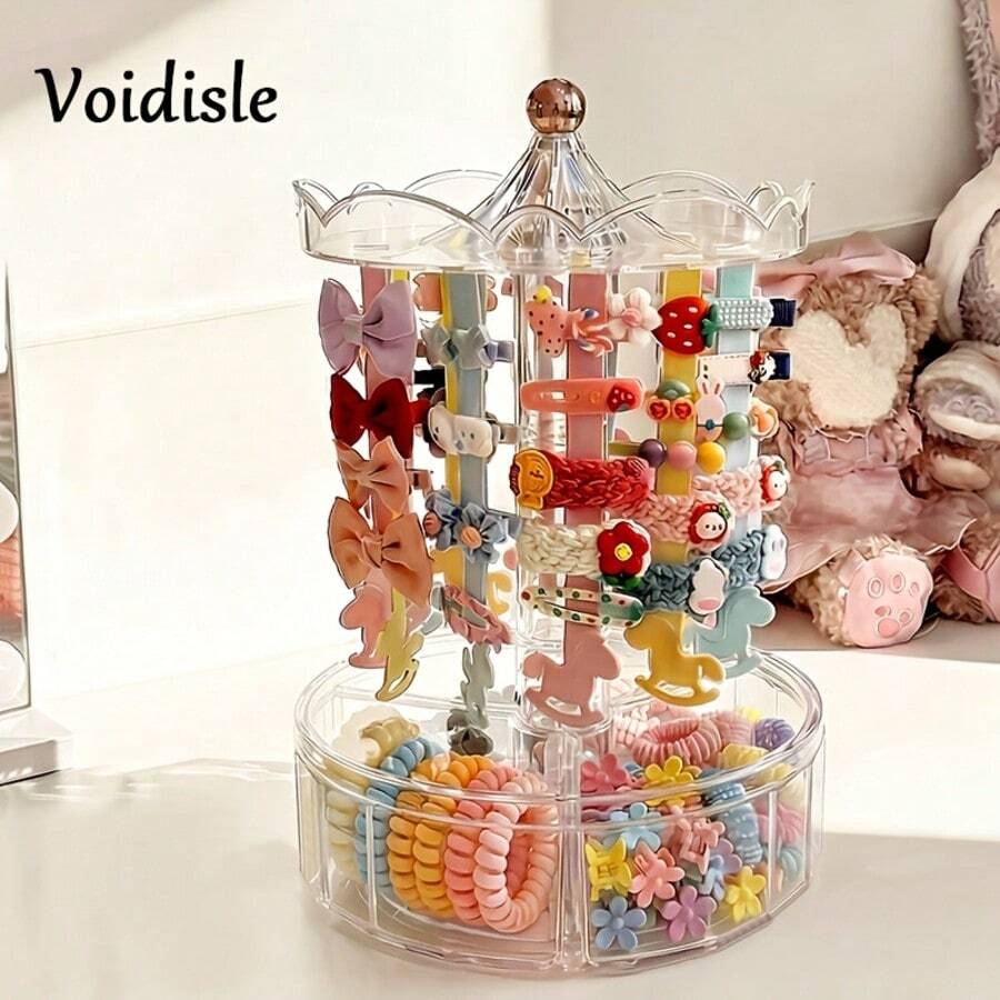 1pc Transparent Rotatable Hair Accessory Storage Box, With Anti-Slip Strips Inside, Suitable For Hair Ties, Clips, Headbands, Easy To Take Out, Applicable For Vanity, Bedroom, Large Capacity Display Rack, Jewelry Box