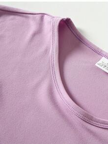 Women's Short-Sleeved Top With A Round Neck In Pure Cotton, Modern Printed Design, Cool And Breathable Fabric, Versatile Garment For Casual Looks, Everyday Occasions And Social Gatherings All Year Round - 淺紫色 - 查看 5