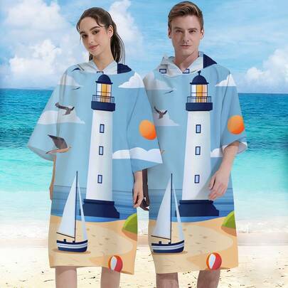 1pc Refreshing Flat Style Lighthouse Illustration, Paired With Sailboat, Seagull And Beach Elements, Blue And Orange Color Scheme Is Fresh And Bright, Filled With Healing Summer Coastal Atmosphere. Printed Pattern Hooded Beach Towel - Adult Quick Dry Super Soft Fiber Beach Cloak - Absorbent, Lightweight, Hooded Beach Wrap - Quick Dry, Sand Proof, Super Absorbent, Suitable For Teenagers And Adults, Great For Travel, Beach, Swimming And Gifts