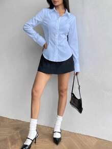 Áo sơ mi nữ dài tay cổ bẻ cài cúc dáng ôm mới mùa xuân/thu, phong cách tối giản thanh lịch thường ngày, thiết yếu cho thể thao. - Màu xanh nhạt - Xem 5