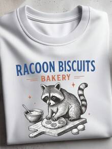 RacC1oon Bakery T-Shirt, Featuring A Baking Animal Print. 220g, Pure Unisex Cotton. Ideal Weight For All Seasons, Suitable For Men And Women. Durable, High-Quality Fabric, Soft To The Touch And Long-Lasting. Breathable T-Shirt. Perfect For Spring And Summer, Holidays, Mother's Day, And Independence Day. - 白色 - 查看 1
