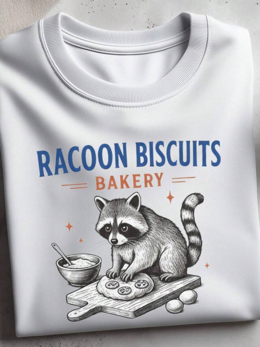 RacC1oon Bakery T-Shirt, Featuring A Baking Animal Print. 220g, Pure Unisex Cotton. Ideal Weight For All Seasons, Suitable For Men And Women. Durable, High-Quality Fabric, Soft To The Touch And Long-Lasting. Breathable T-Shirt. Perfect For Spring And Summer, Holidays, Mother's Day, And Independence Day. - 白色 - 查看 1