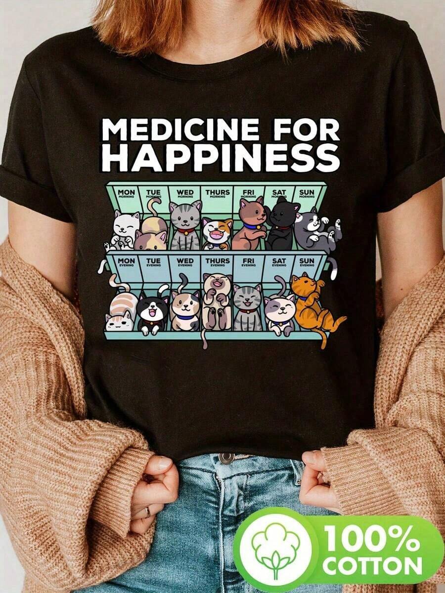 Short-Sleeve T-Shirt With "My Medicine For Happiness Called Cats Every Day" Print, Short Sleeves, Round Neck, Casual Top For Summer And Spring, Women's Clothing. 100% Cotton - 黑色 - 查看 1