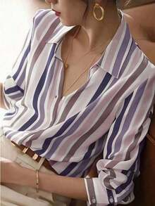 New Loose-Fitting Long-Sleeved Blouse For Women, Plain Color Button-Down Shirt For Spring - 淡紫色 - 查看 7