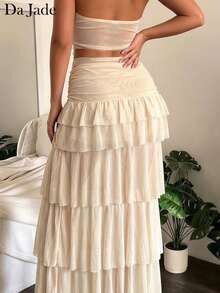 Conjunto de 2 piezas de falda maxi con volantes irregulares en la Bottom y parte superior con tirantes finos, estilo francés, unicolor beige, para vacaciones, citas, fiestas en la playa, primavera/verano - Albaricoque - Ver 5