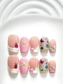 10pcs Handmade Fairy Tale Style Nail Art Stickers, Gel Nail Kit, Heart, Butterfly & Star Colorful Rhinestone Nail Decorations, Flower, Insect, Bow Nail Art Decals, Pink, Green & White Nail Polish, Fresh Style, Includes Nail Tools (1 Jelly Sticker + 1 Nail File), 3 Sizes Available: Square, Short Square, Almond, Suitable For Parties, Daily Wear, Photoshoot, Spring/Summer Commute - Multicolor - View 4