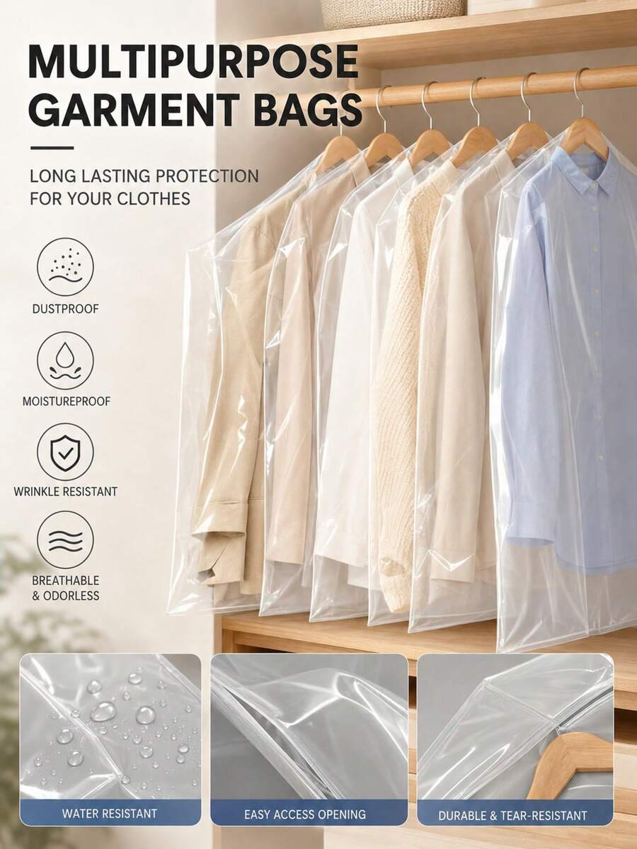 20 Peças Conjunto de Sacos para Roupas, Sacos de Roupas à Prova de Poeira Transparentes com Zíper, Sacos de Armazenamento, Protetores de Roupas, Sacos de Armazenamento Suspensos | Sacos Organizadores, Adequados para Lavanderia a Seco, Armazenamento Doméstico, Sem Necessidade de Energia, Proteção de Roupas