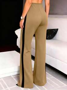 1pc Women's Fashion Versatile Contrast Color Front Zip High Waist Straight Leg Casual Pants, Black Office Work Trousers, Spring/Summer - Khaki - View 4