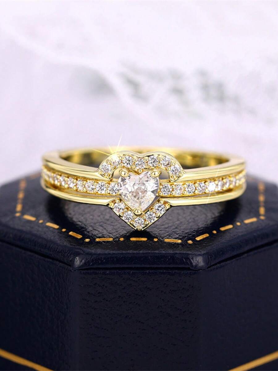 1pc Fashion Heart-Shaped Synthetic Cubic Zirconia Ring, Eternal Love Symbol, Suitable For Daily Wear, Valentine's Day Gift, Wedding And Party Jewelry Designed Specifically For Women - golden - View 1