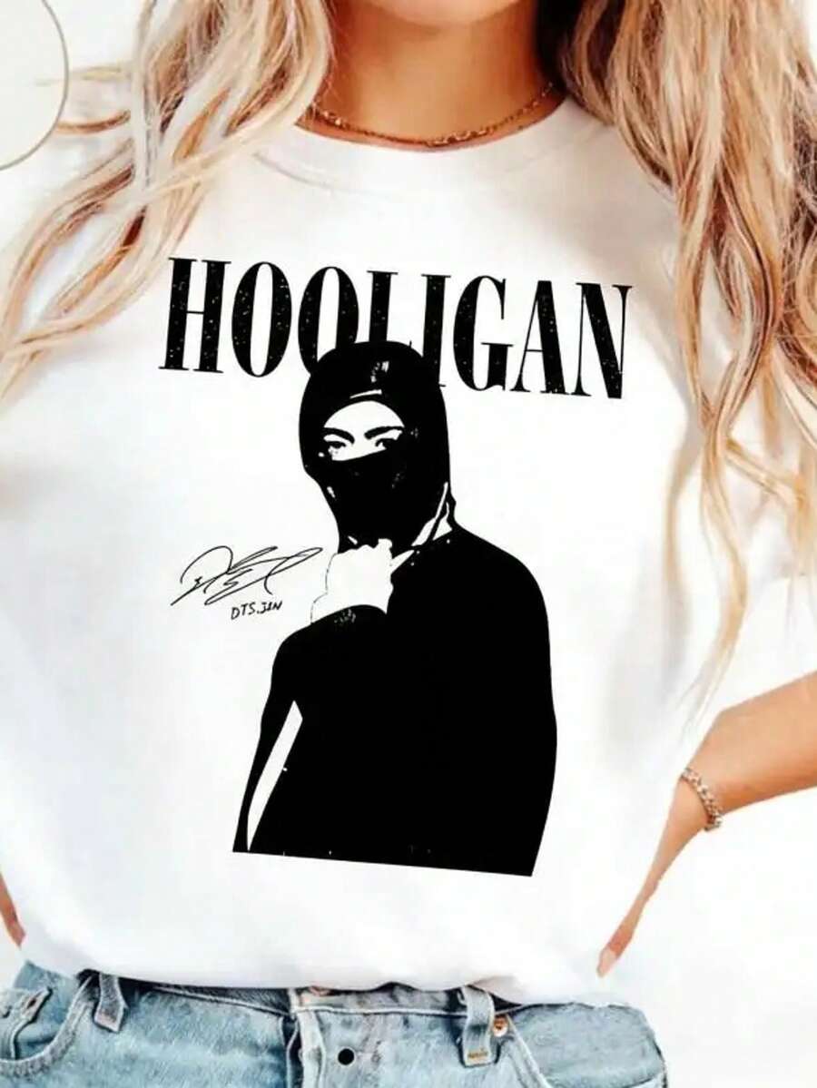 Unisex 100% Cotton "HOOLIGAN" T-Shirt - A254 Urban Graphic Design With Masked Figure Silhouette, Edgy And Modern Streetwear T-Shirt, Street Fashion Collection, Available In Sizes S-3XL, Ideal For Urban Aesthetic Lovers, Quality - 白色 - 查看 1