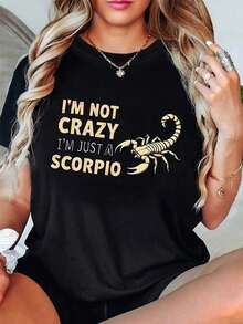 Una camiseta de manga corta para mujer, holgada y a la moda, adecuada para actividades al aire libre en primavera y verano, con el estampado de escorpión "No estoy loco, solo soy un escorpión", cuello redondo, elegante y versátil, un regalo para un ser querido. blusas para mujer,blusas casuales para dama,tops,, mujer premium,y2k,playeras de mujer curvy,ofertas y liquidaciones ropa mujer,playeras deportivas para mujer,,playeras de hombre, mujer,blusas>elegante MZXJ Blusas Bonito 100% Cotton - Negro - Ver 1